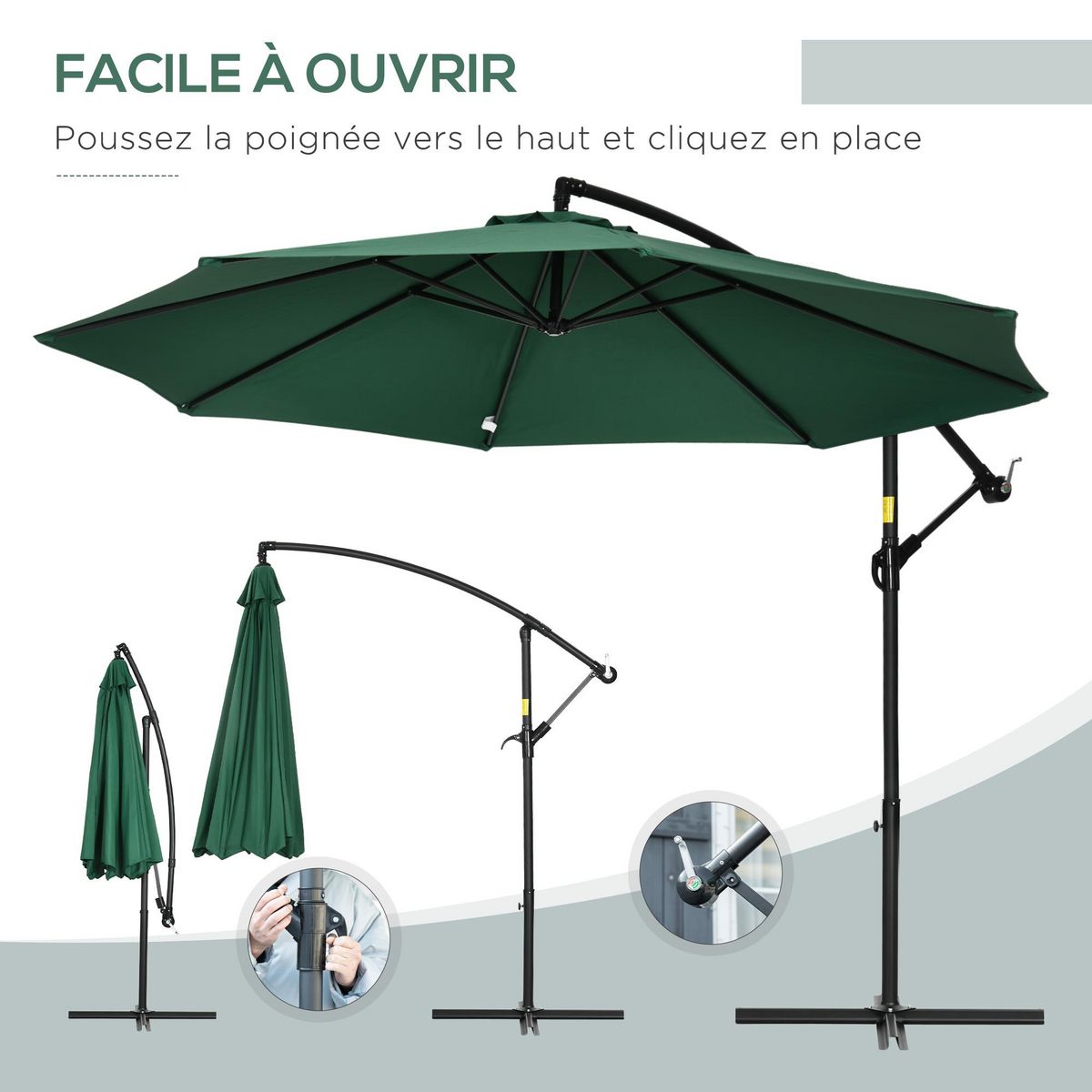 OUTSUNNY Parasol déporté octogonal inclinable pivotant manivelle pied acier Ø 2,9 x 2,4H m vert