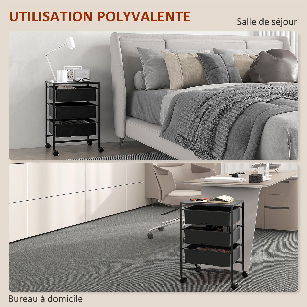 HOMCOM Chariot de rangement à 4 niveaux - 3 paniers et plateau - roulettes verrouillables - acier PP