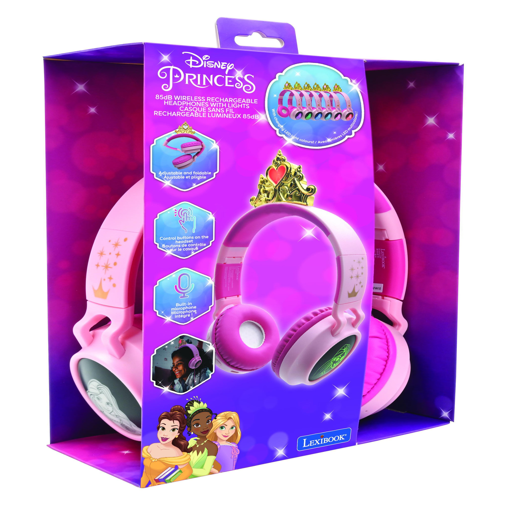 Voir la diapositive 4 : Lexibook Casque lumineux pliable Bluetooth et filaire Princesses Disney avec limitation du volume
