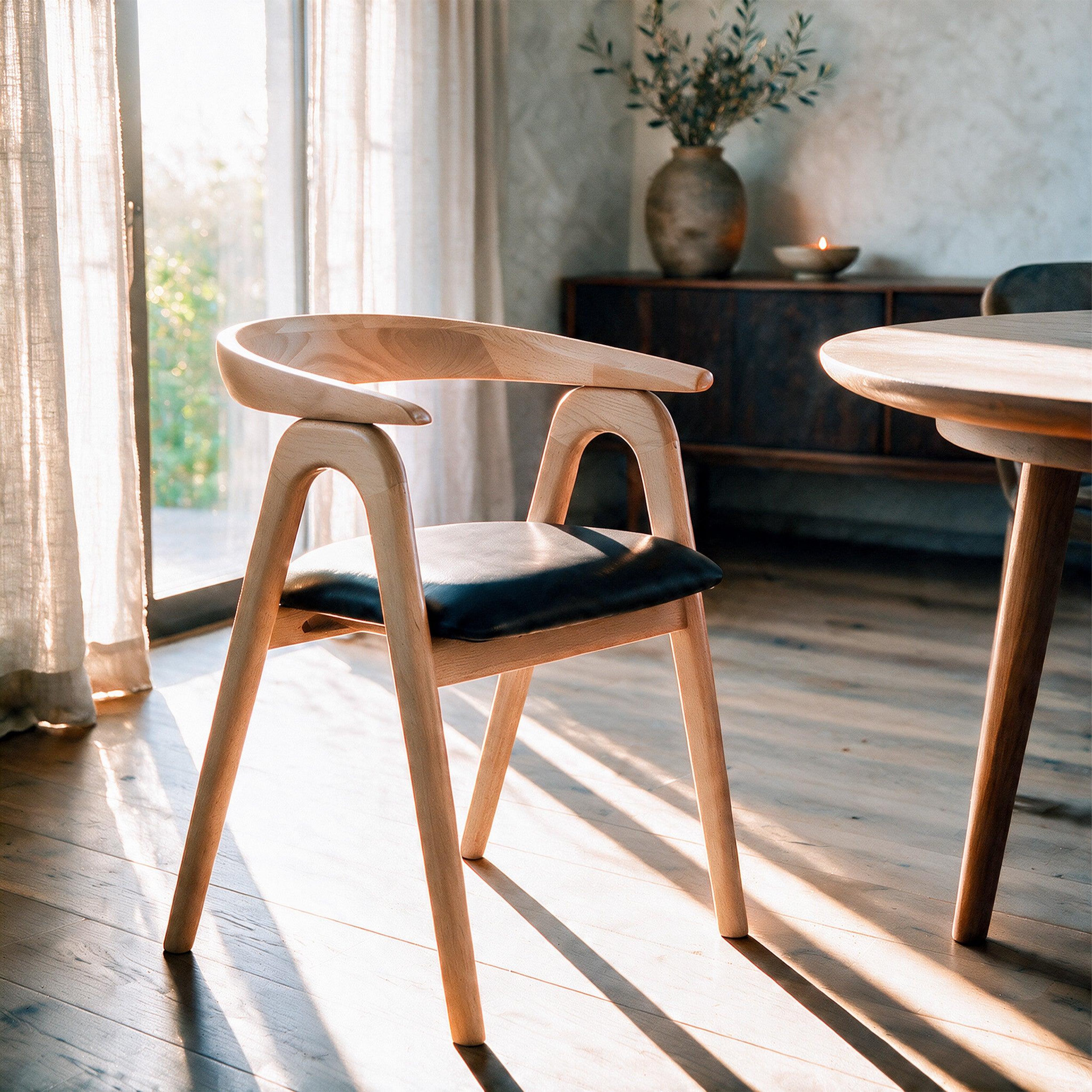 Voir la diapositive 5 : MAISON PAVANE Chaise en bois d'hévéa blond et cuir synthétique noir-hawa