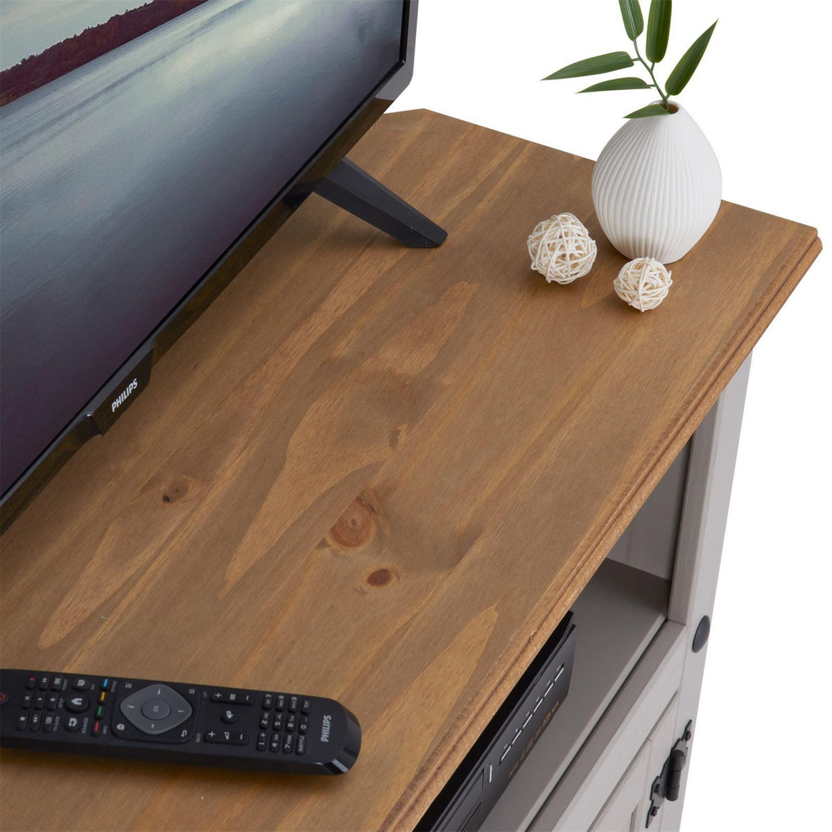 IDIMEX Meuble TV RAMON avec 2 portes, style mexicain en pin massif gris et brun