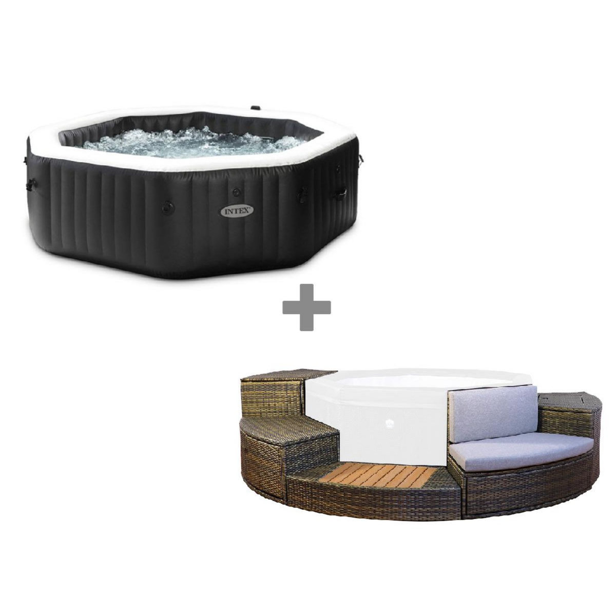 INTEX Pack spa gonflable Intex PureSpa Carbone octogonal Bulles et Jets 4 places + Ensemble mobilier