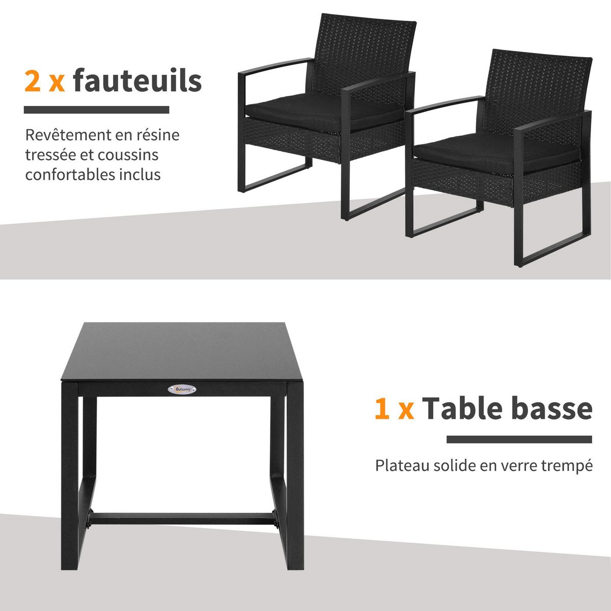 OUTSUNNY Salon de jardin 2 places 3 pièces 2 chaises avec coussins + table basse plateau verre trempé résine tressée 4 fils imitation rotin noir
