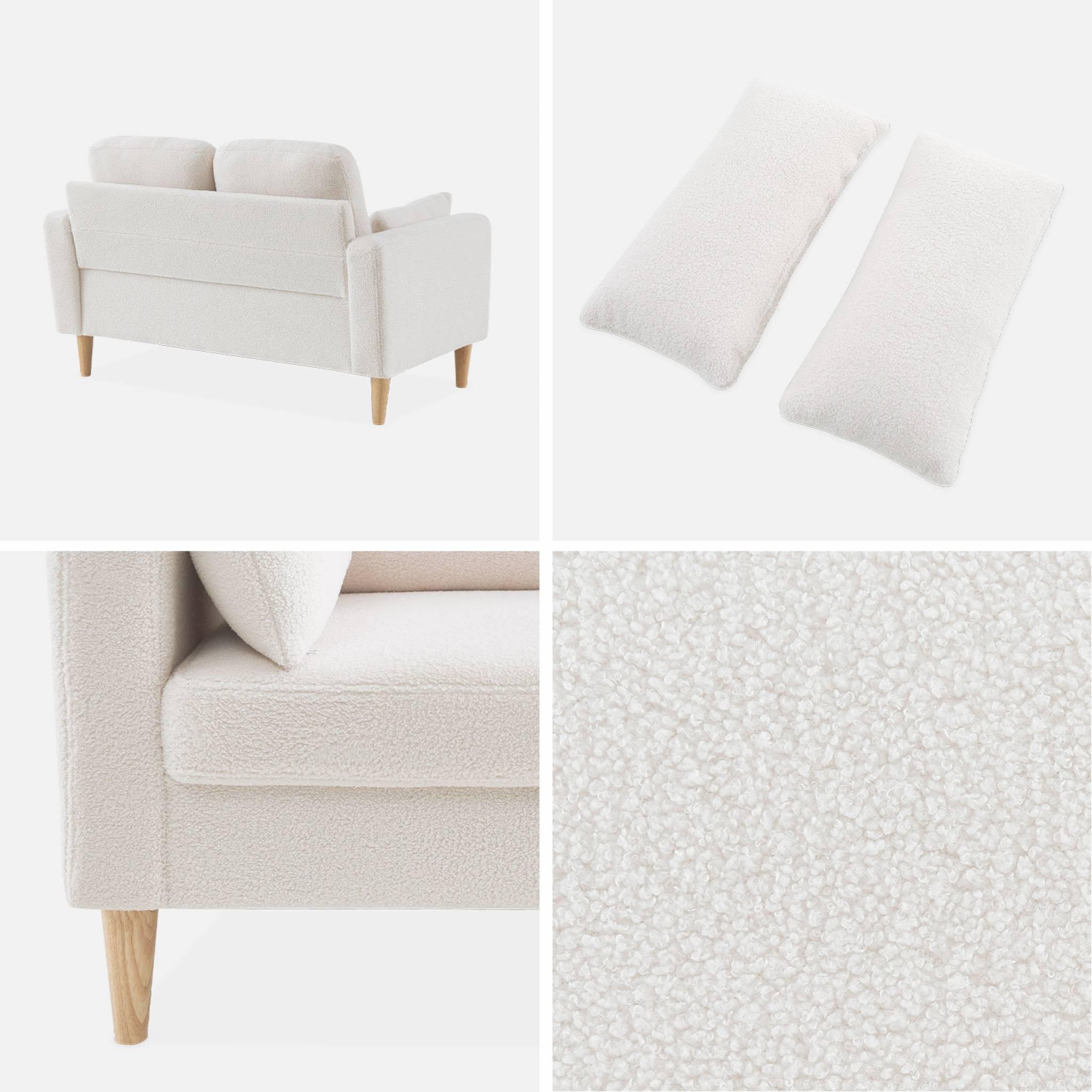 Voir la diapositive 5 : SWEEEK Canapé à bouclettes blanc cassé - Bjorn - Canapé 2 places fixe droit pieds bois. style scandinave