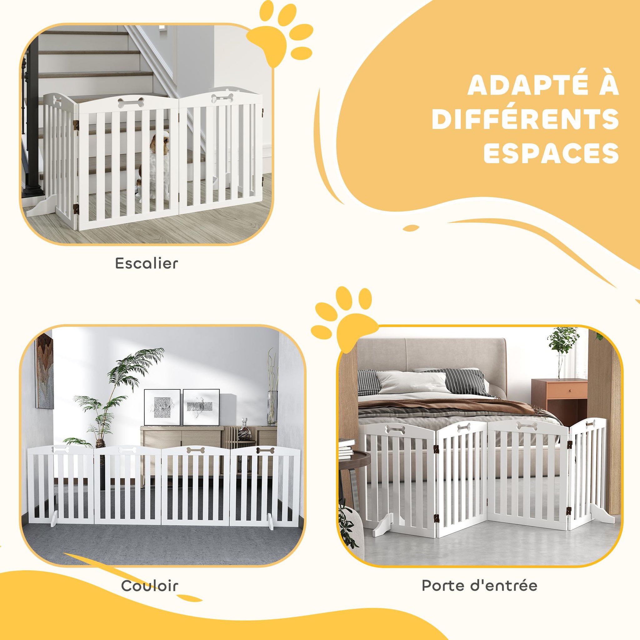 Voir la diapositive 6 : PAWHUT Barrière de sécurité chien pliable adaptable motif os - piètement support antidérapant - 207 x 30 x 61 cm - mdf blanc