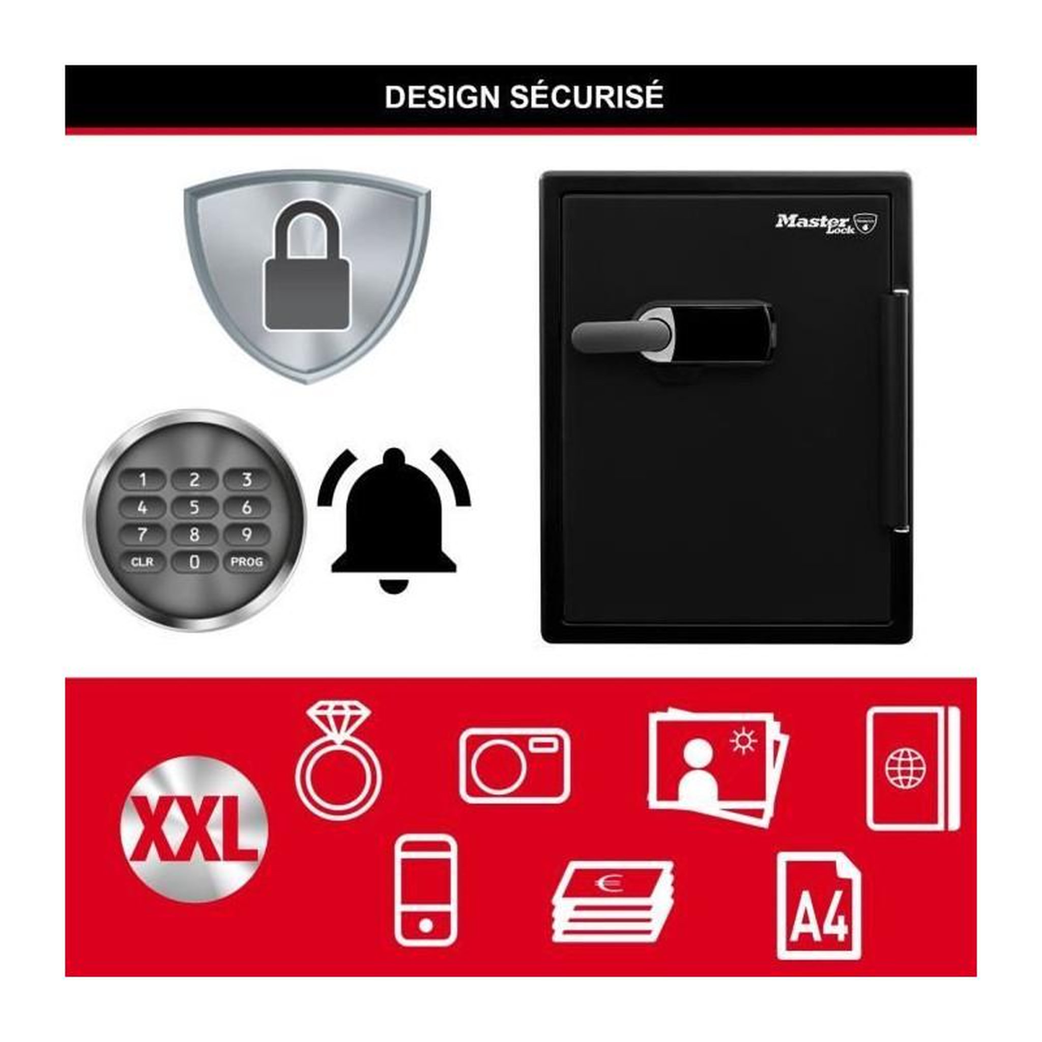 Voir la diapositive 6 : MASTER LOCK MASTER LOCK Coffre-fort ignifugé et résistant a l'eau (code tactile + alarme) 56,5 L