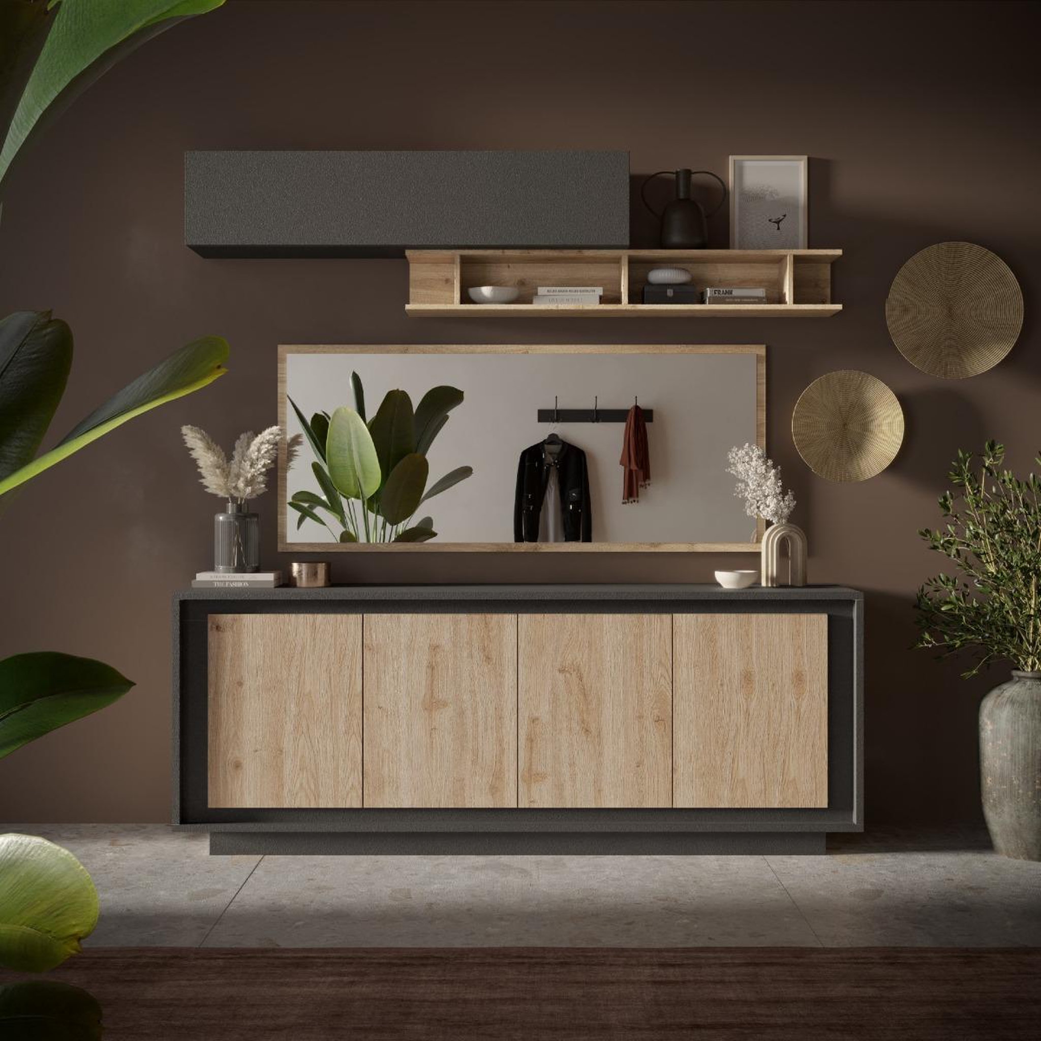 Voir la diapositive 2 : JLC KREATION Buffet bas contemporain 4 portes gris et bois naturel yori