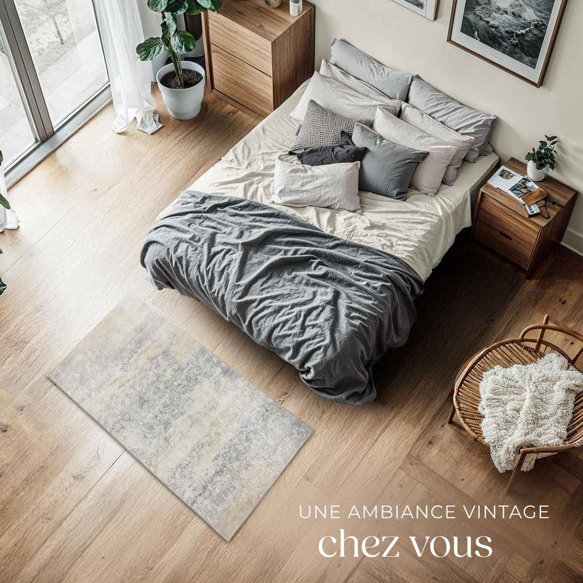 tectake Tapis design vintage à poils courts en laine synthétique et feutre beige 60 x 110 cm