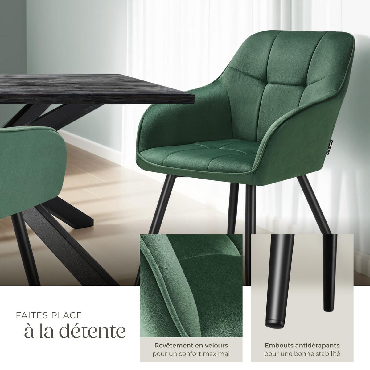 tectake Chaise de salle à manger rembourrée et en velours matelassé vert foncé/noir Lot de 6