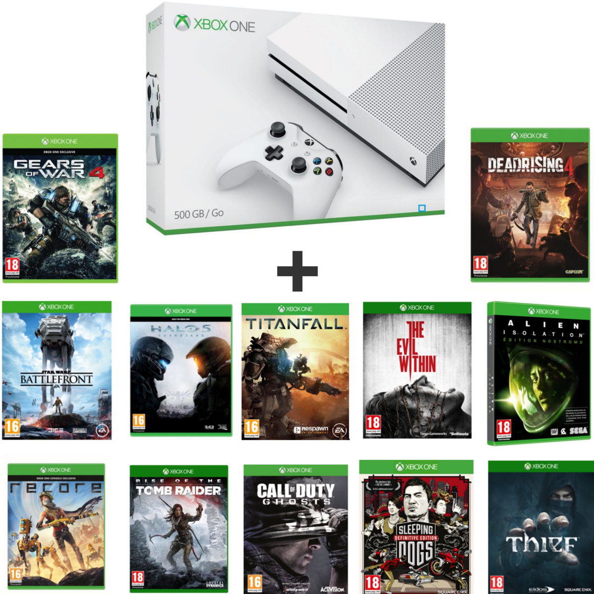 Console Xbox One S 500 Go + TITANFALL + THE EVIL WITHIN + ALIEN ISOLATION - LIMITED EDITION + CALL OF DUTY GHOSTS + SLEEPING DOGS + THIEF + HALO 5 GUARDIANS + RISE OF THE TOMB RAIDER + STAR WARS BATTLEFRONT + RECORE + GEARS OF WAR 4 + DEAD RISING.