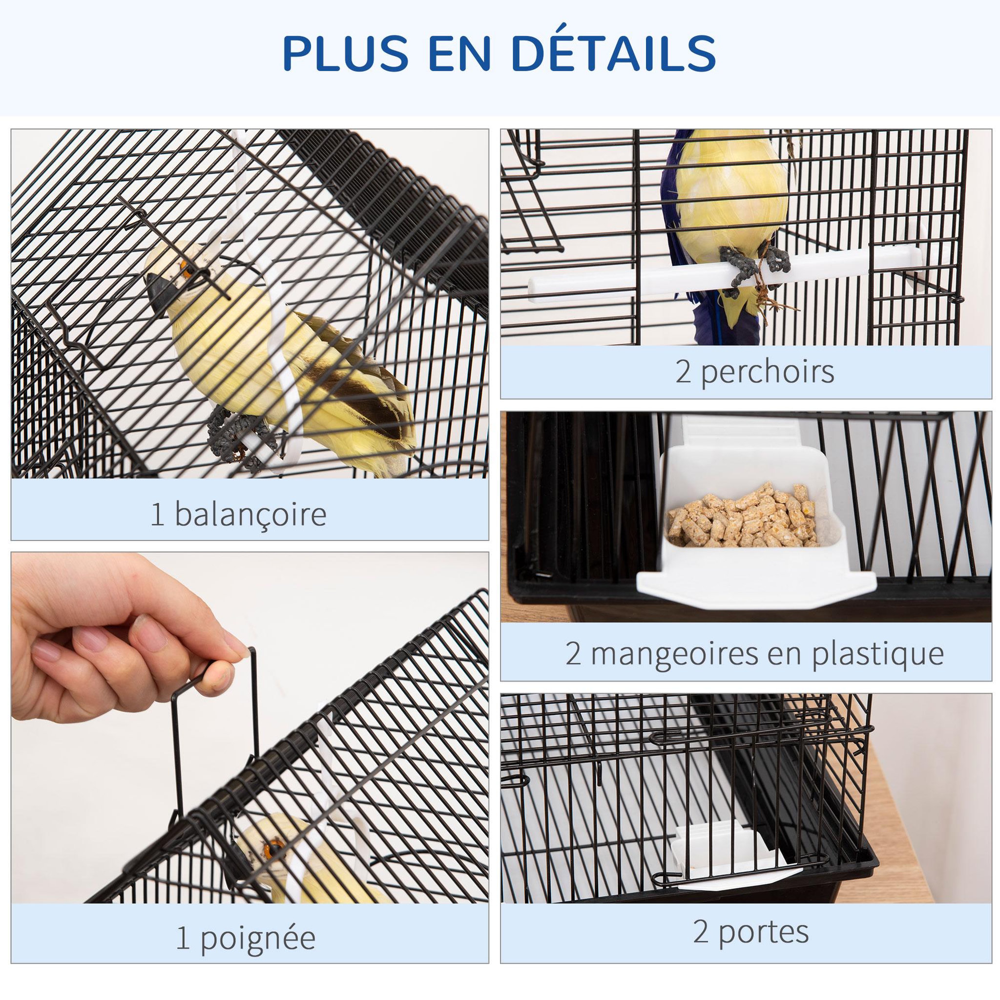 Voir la diapositive 4 : PAWHUT Cage à oiseaux design maison mangeoires perchoirs balançoire 2 portes plateau excrément amovible + poignée transport métal noir