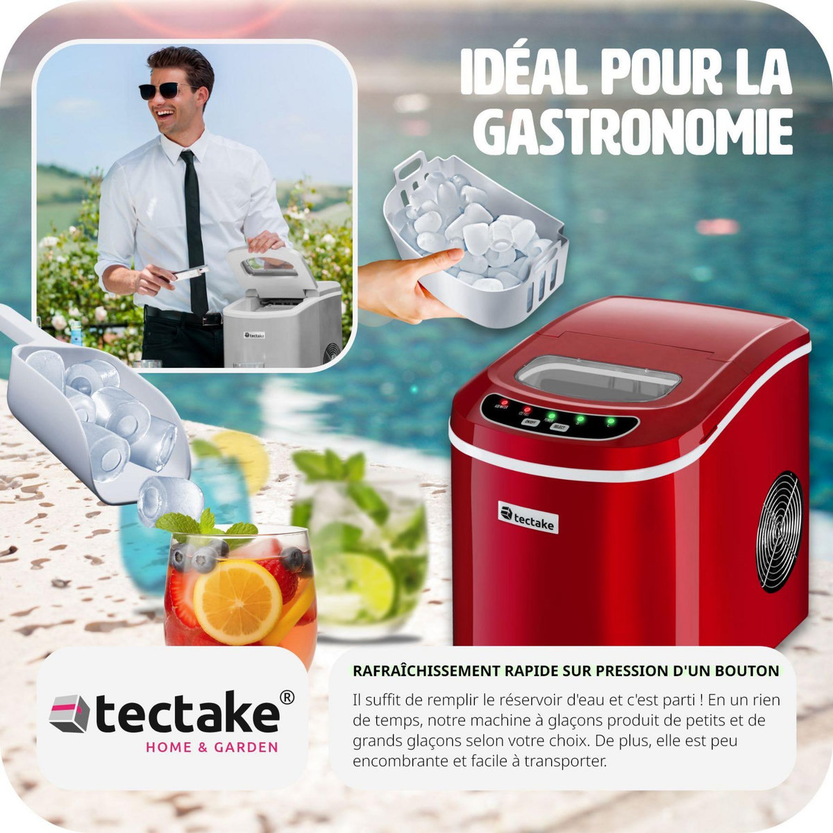 tectake Machine à glaçons 2,4 L réservoir d'eau rouge