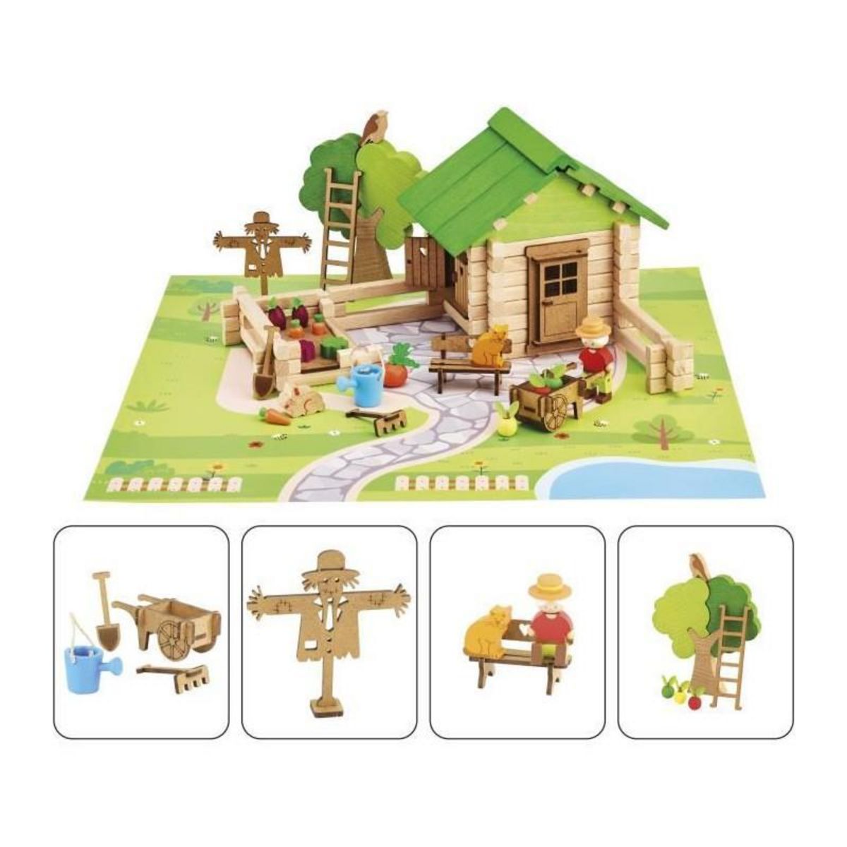 JeuJura Maison et Jardin 135 Pieces - JEUJURA - Jeu de Construction en Bois Naturel, Tapis et Accessoires Inclus, 32x27x11 cm
