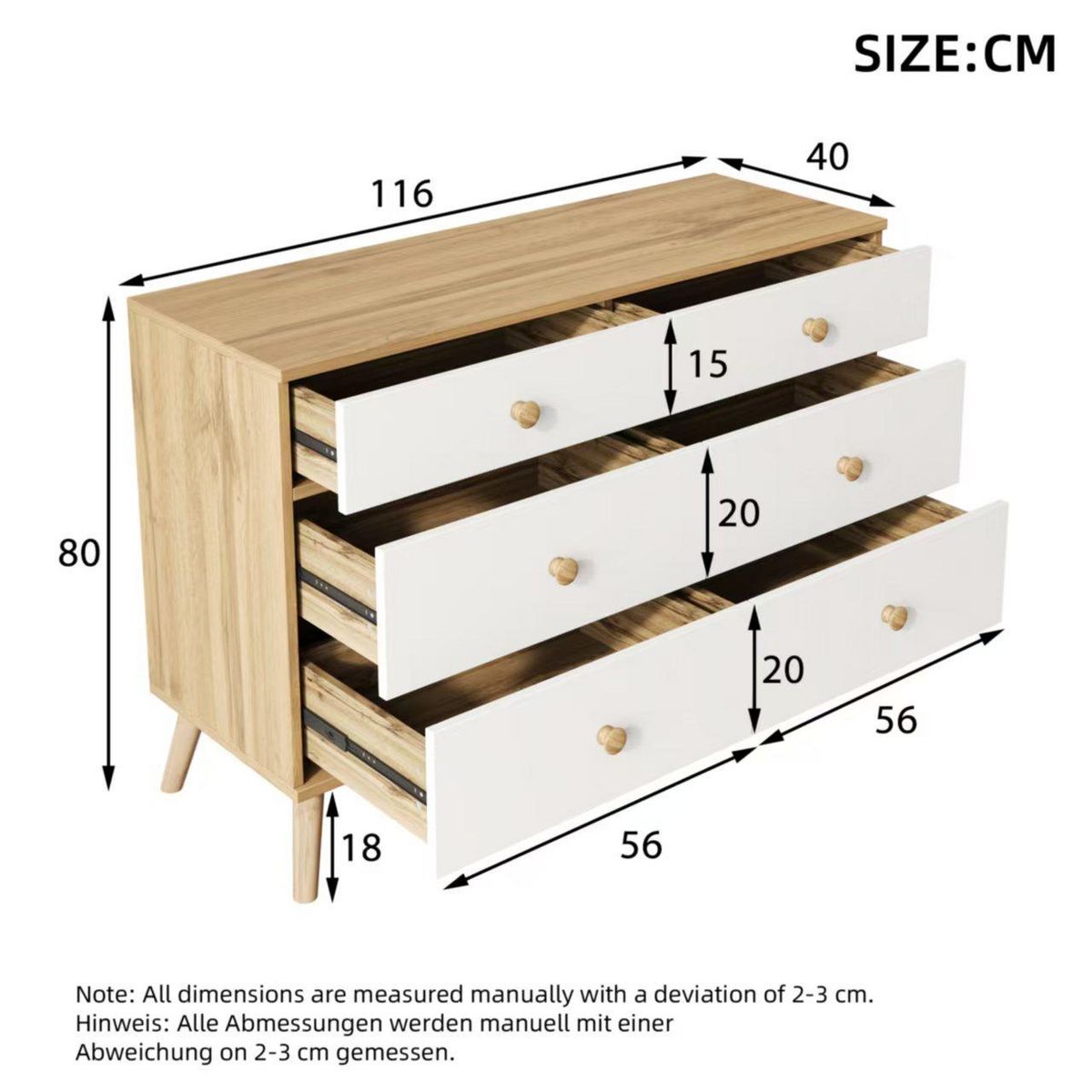 MERAX Commode 6 tiroir(s) 0 niche(s) coloris blanc+naturel largeur 116 cm panneaux de particules