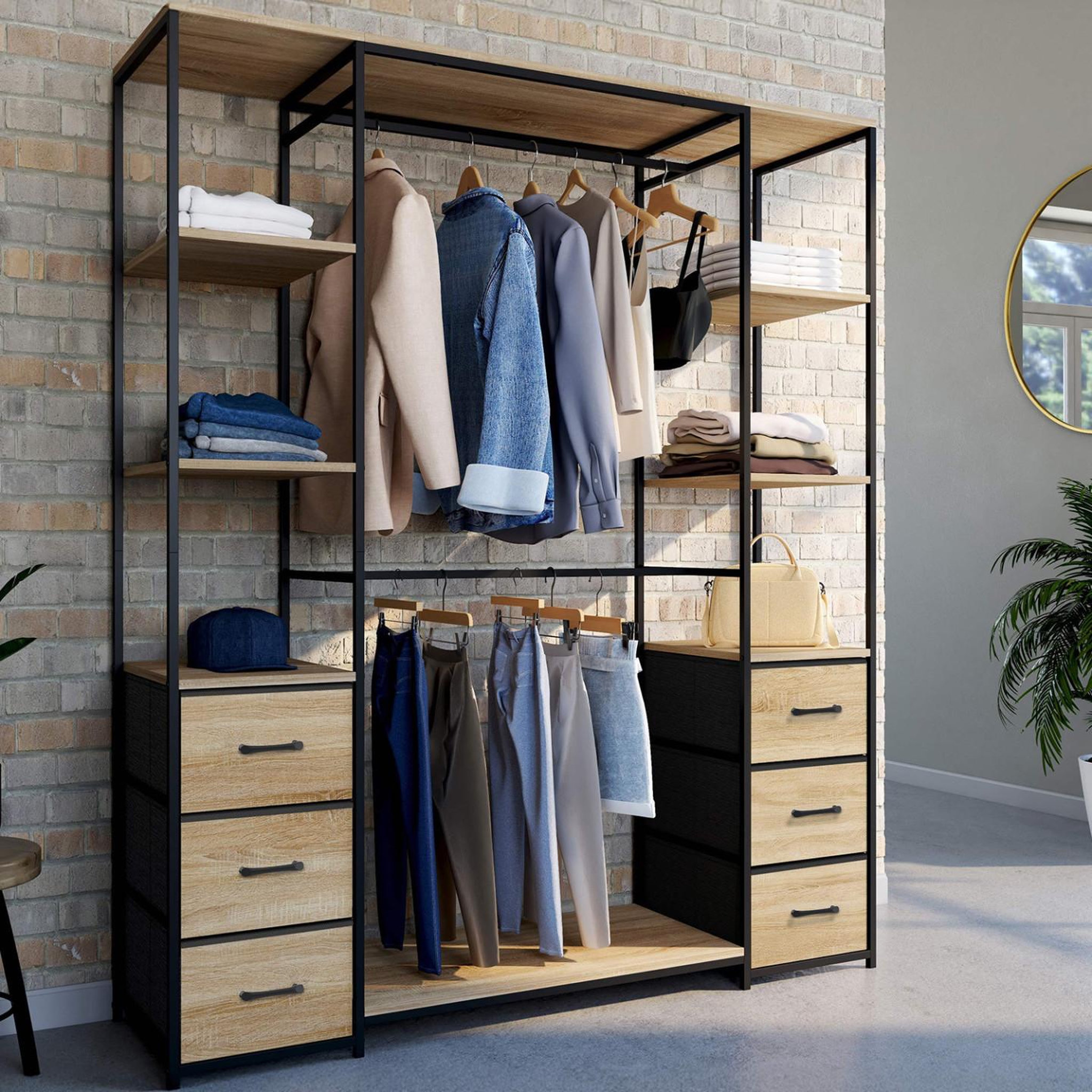 Voir la diapositive 2 : ID MARKET Dressing double penderie + double colonne l. 140 cm utah avec 6 étagères et 6 bacs en tissu bois et noir