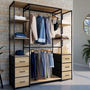 Voir la diapositive 2 : ID MARKET Dressing double penderie + double colonne L. 140 cm UTAH avec 6 étagères et 6 bacs en tissu bois et noir