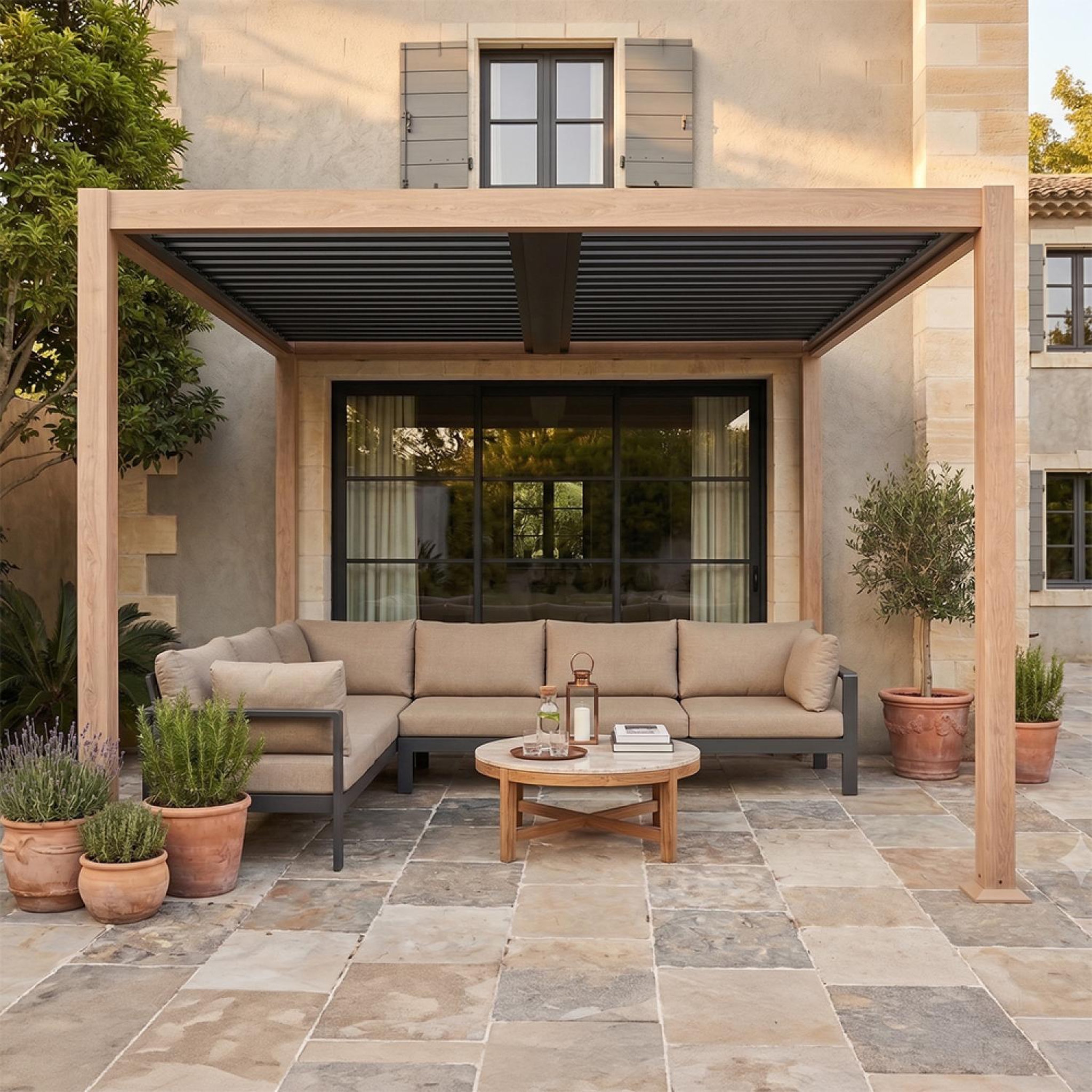 Voir la diapositive 5 : CONCEPT USINE Pergola bioclimatique 3x3m adossée effet bois sifnos