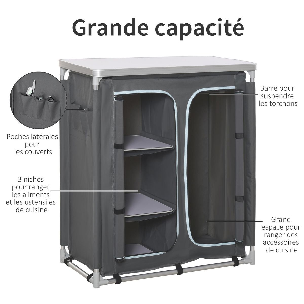 OUTSUNNY Cuisine de camping - meuble camping - armoire de camping - plan de travail, nombreux rangements, sac transport inclus - armature alu. Oxford gris