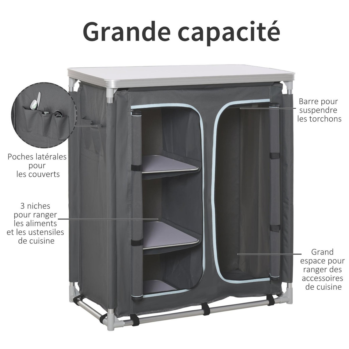 OUTSUNNY Cuisine de camping - meuble camping - armoire de camping - plan de travail, nombreux rangements, sac transport inclus - armature alu. Oxford gris