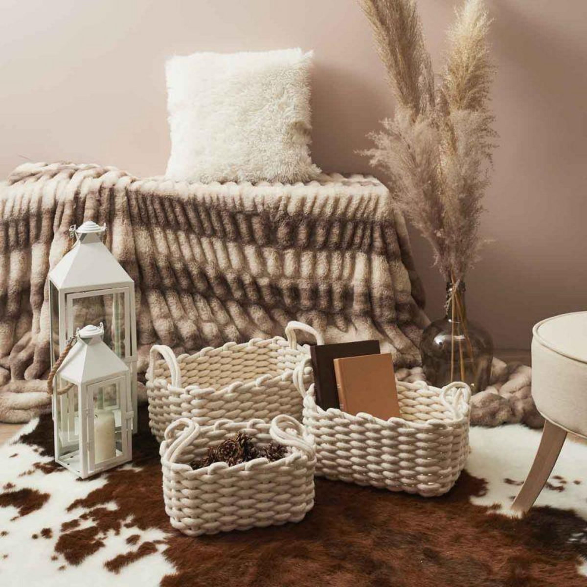 Paris Prix Lot de 3 Paniers de Rangement  Tricot  45cm Blanc