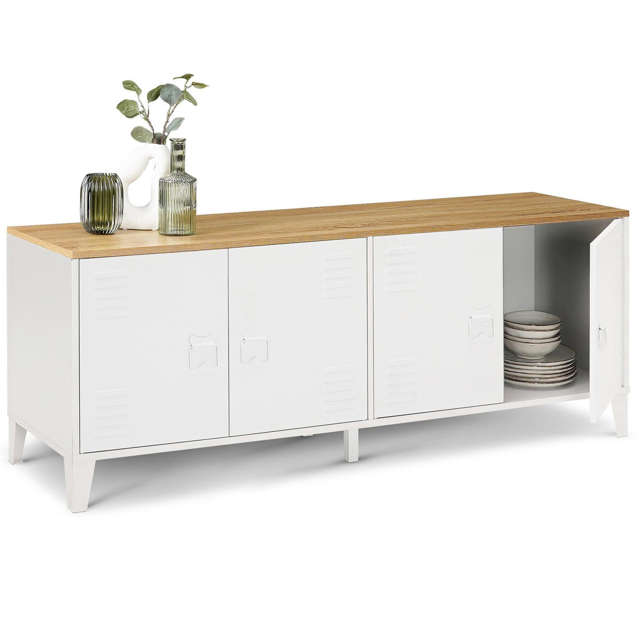 Voir la diapositive 4 : ID MARKET Buffet bas 140 cm ester 4 portes métal blanc plateau bois design industriel