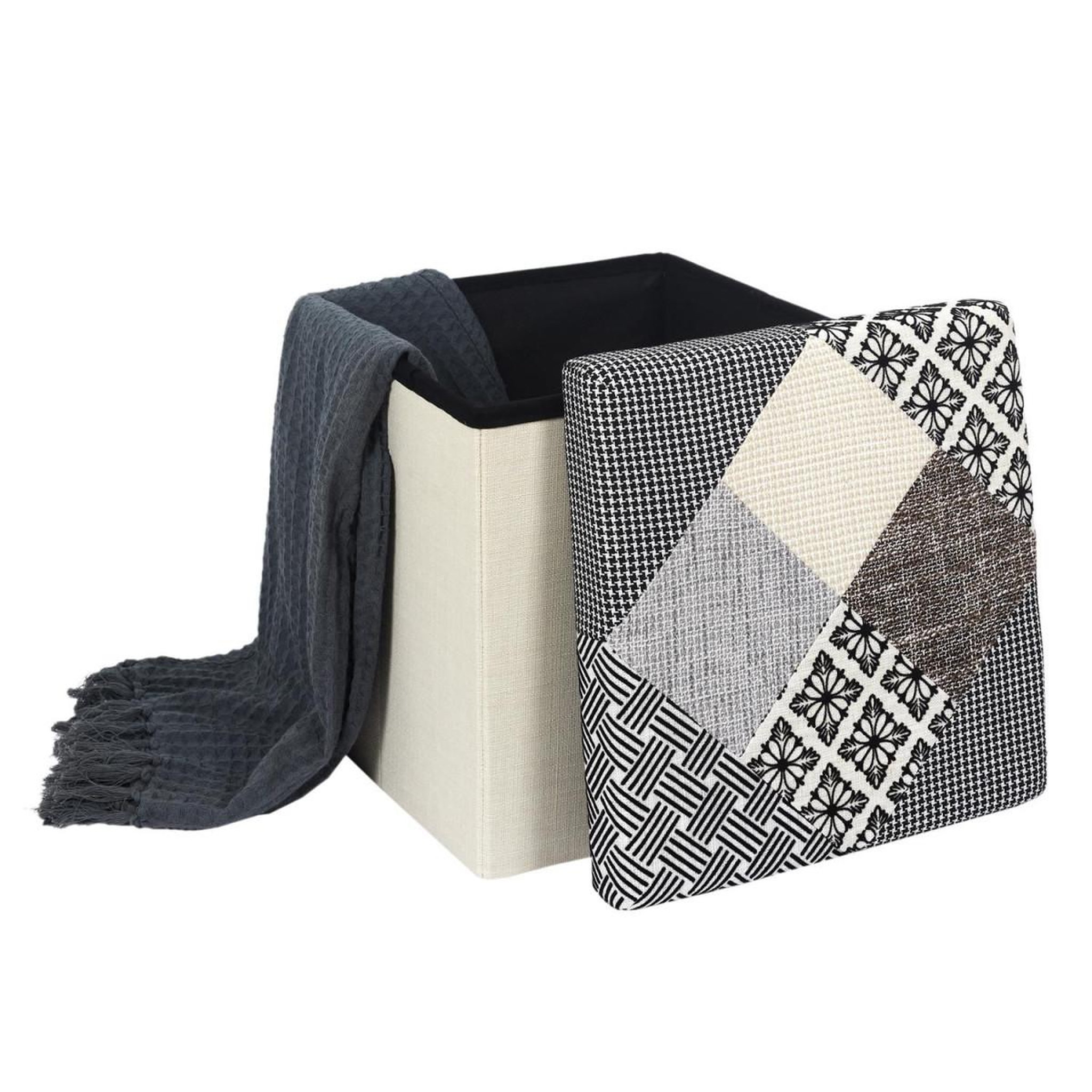 Voir la diapositive 4 : The Home Deco Factory Pouf coffre pliable  patchwork  38cm greige