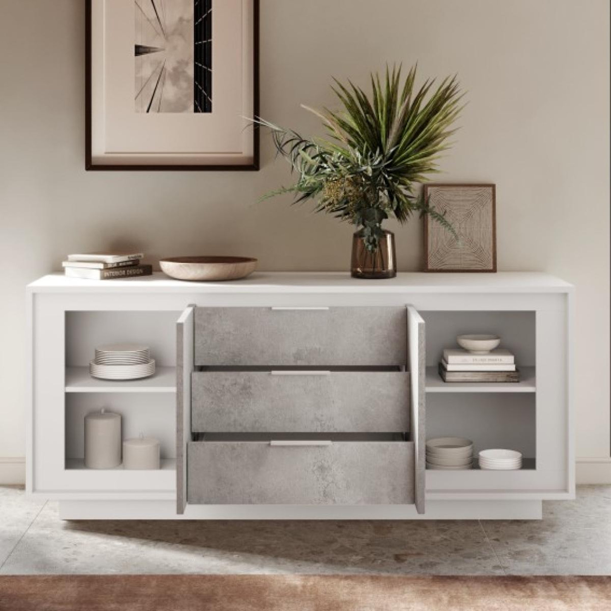 Voir la diapositive 4 : JLC KREATION Buffet bas blanc et gris béton 2 portes-3 tiroirs 180cm yori