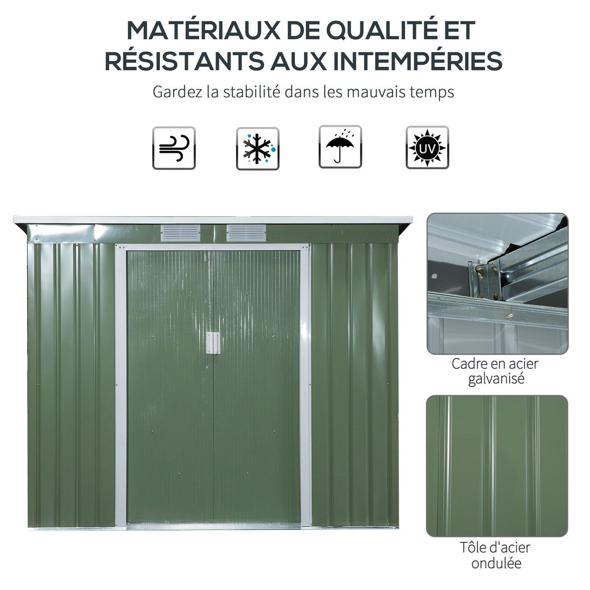 OUTSUNNY Abri de jardin - remise pour outils - fondation incluse - cabanon 2 portes coulissantes verrouillables - dim. 213L x 130l x 173H cm - tôle d'acier vert