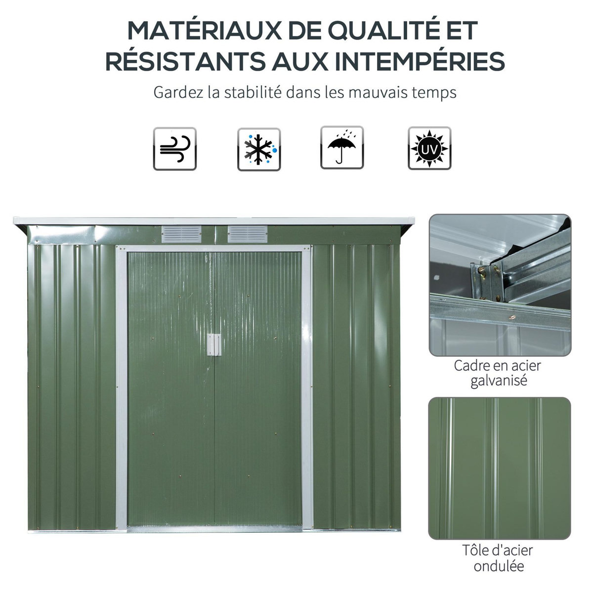 OUTSUNNY Abri de jardin - remise pour outils - fondation incluse - cabanon 2 portes coulissantes verrouillables - dim. 213L x 130l x 173H cm - tôle d'acier vert
