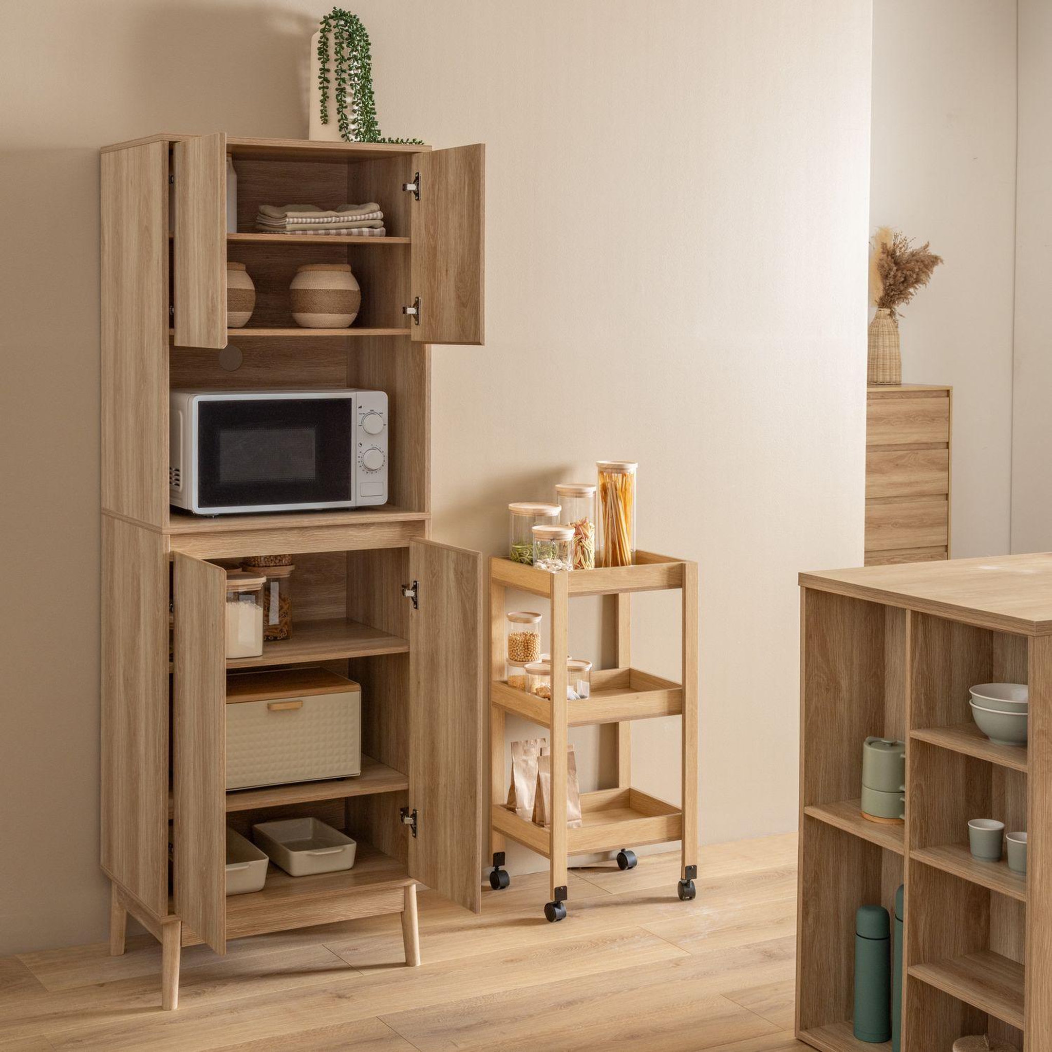Voir la diapositive 6 : FIVE Buffet de cuisine 1 niche et 4 portes effet bois naturel ABANA - Beige