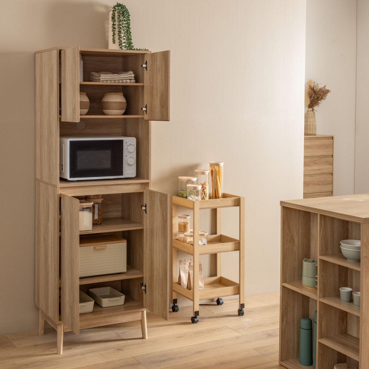 FIVE Buffet de cuisine 1 niche et 4 portes effet bois naturel ABANA - Beige