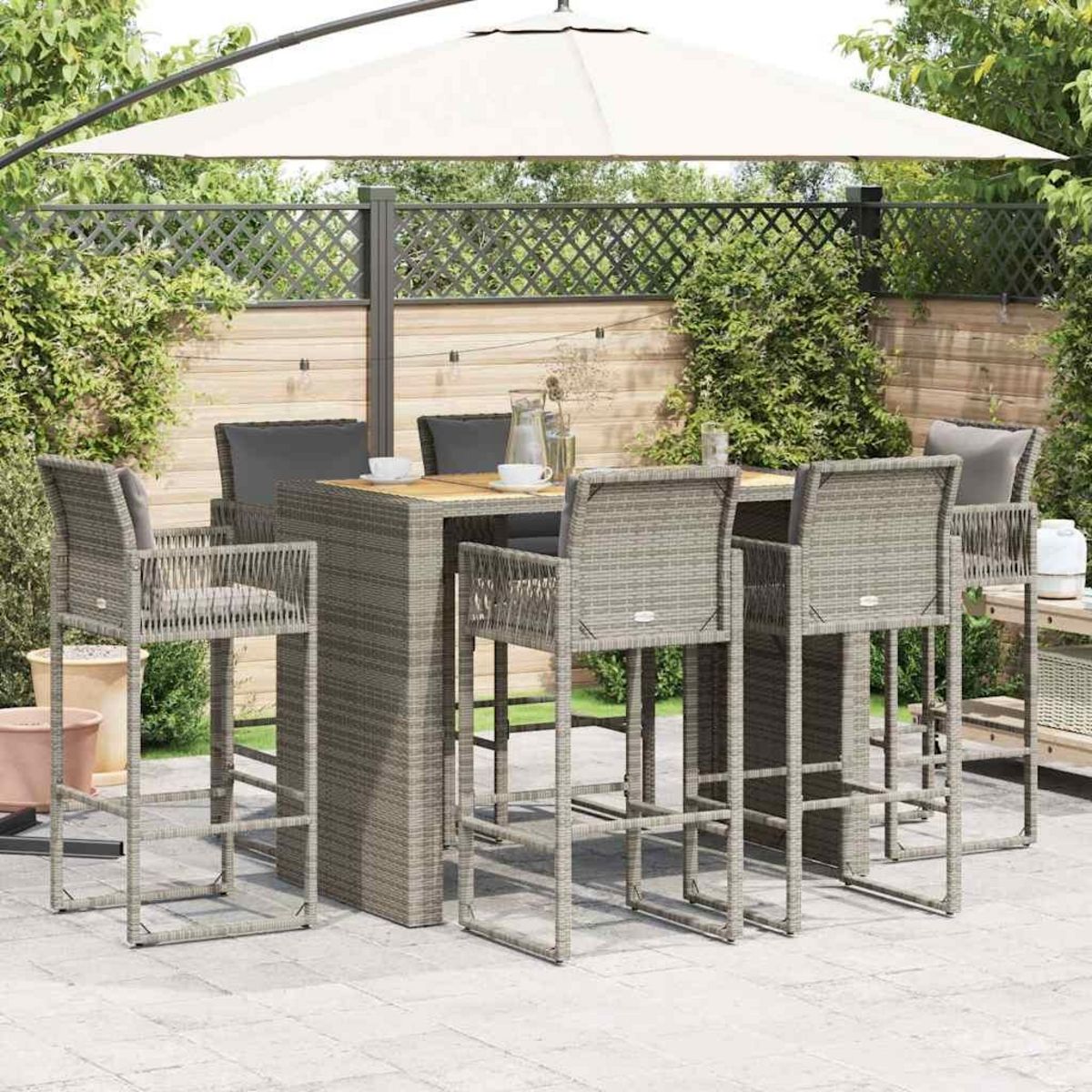 VIDAXL Ensemble de bar de jardin 7 pcs avec coussins gris poly rotin