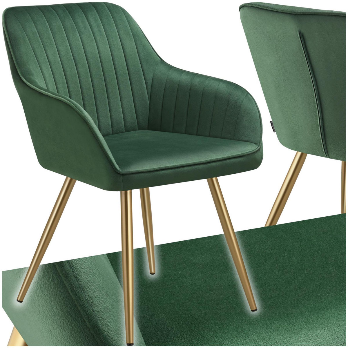 tectake Chaise de salle à manger en velours matelassé et rembourré vert foncé/or