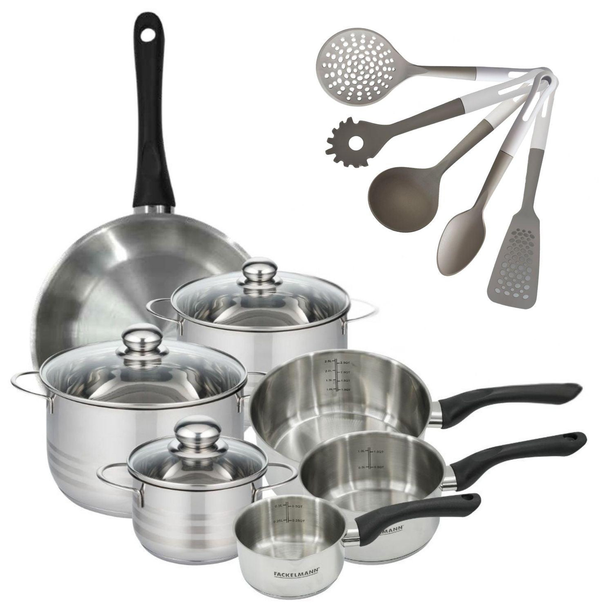 Fackelmann Batterie de cuisine avec 3 faitouts 16/20/24 cm et 3 casseroles 12/16/20 cm avec 5 ustensiles de cuisine fackelmann généva brillant vario