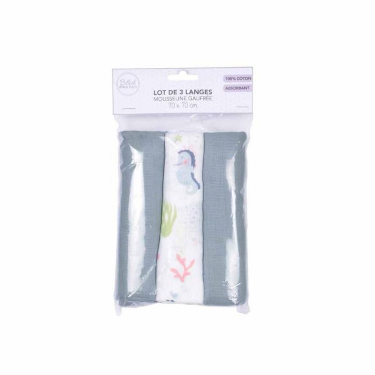 Paris Prix Lot de 3 Langes en Coton  Océan  70cm Bleu