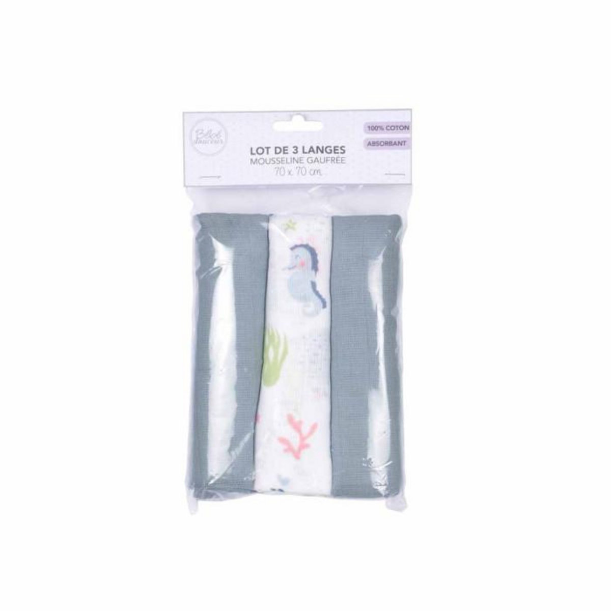 Paris Prix Lot de 3 Langes en Coton  Océan  70cm Bleu