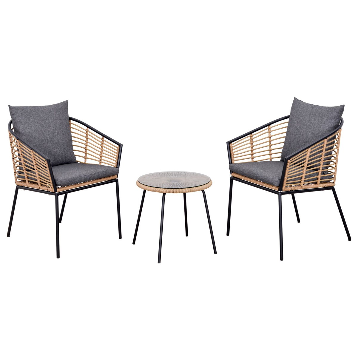 OUTSUNNY Outsunny Ensemble salon de jardin 3 pièces style exotique 2 fauteuils avec coussins gris + table basse résine tressée aspect bambou métal époxy noir