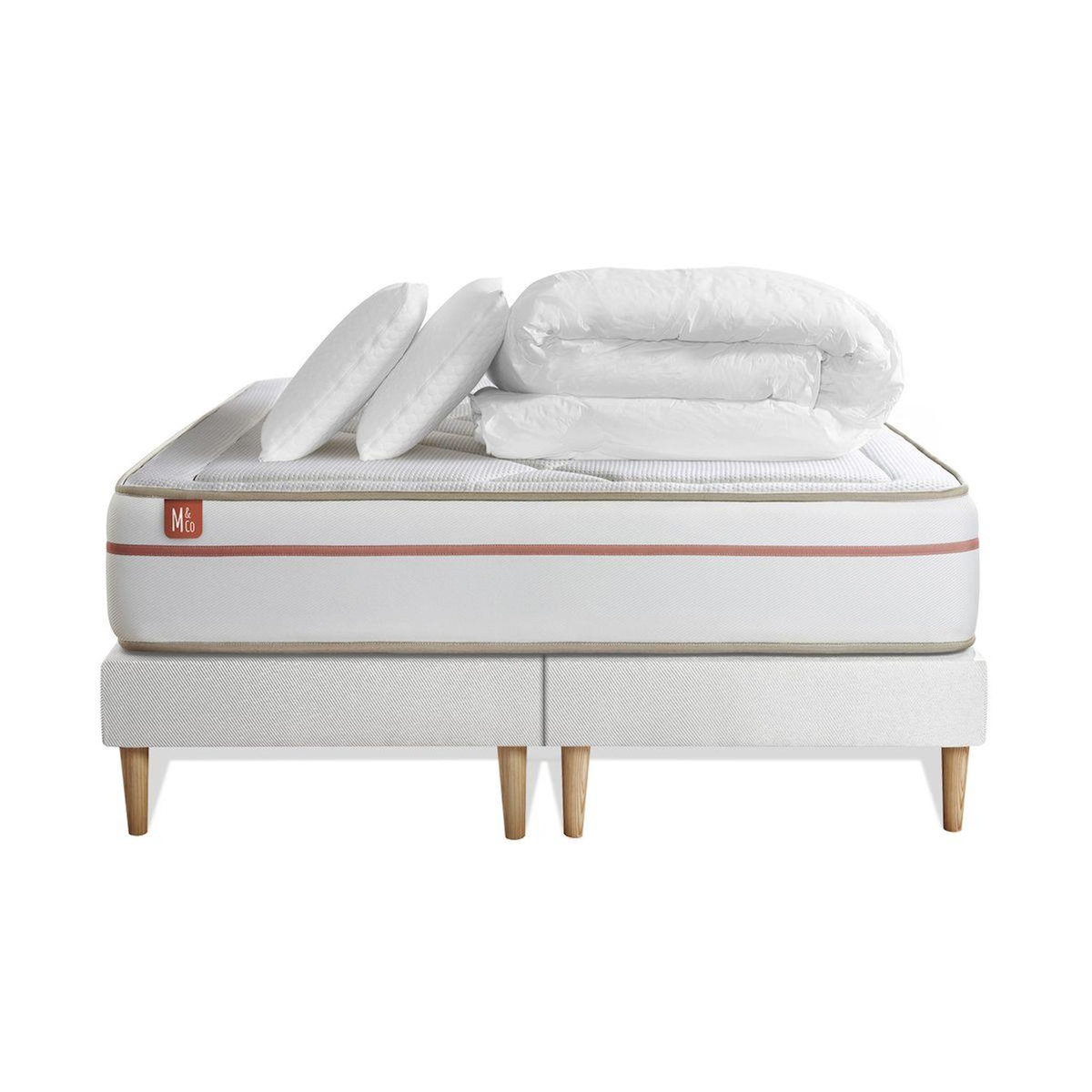 MARMOTTES&CO Pack prêt à dormir matelas LE PAISIBLE 160x200cm Mémoire de forme BioVisco + double sommiers Blanc + 2 oreillers + couette