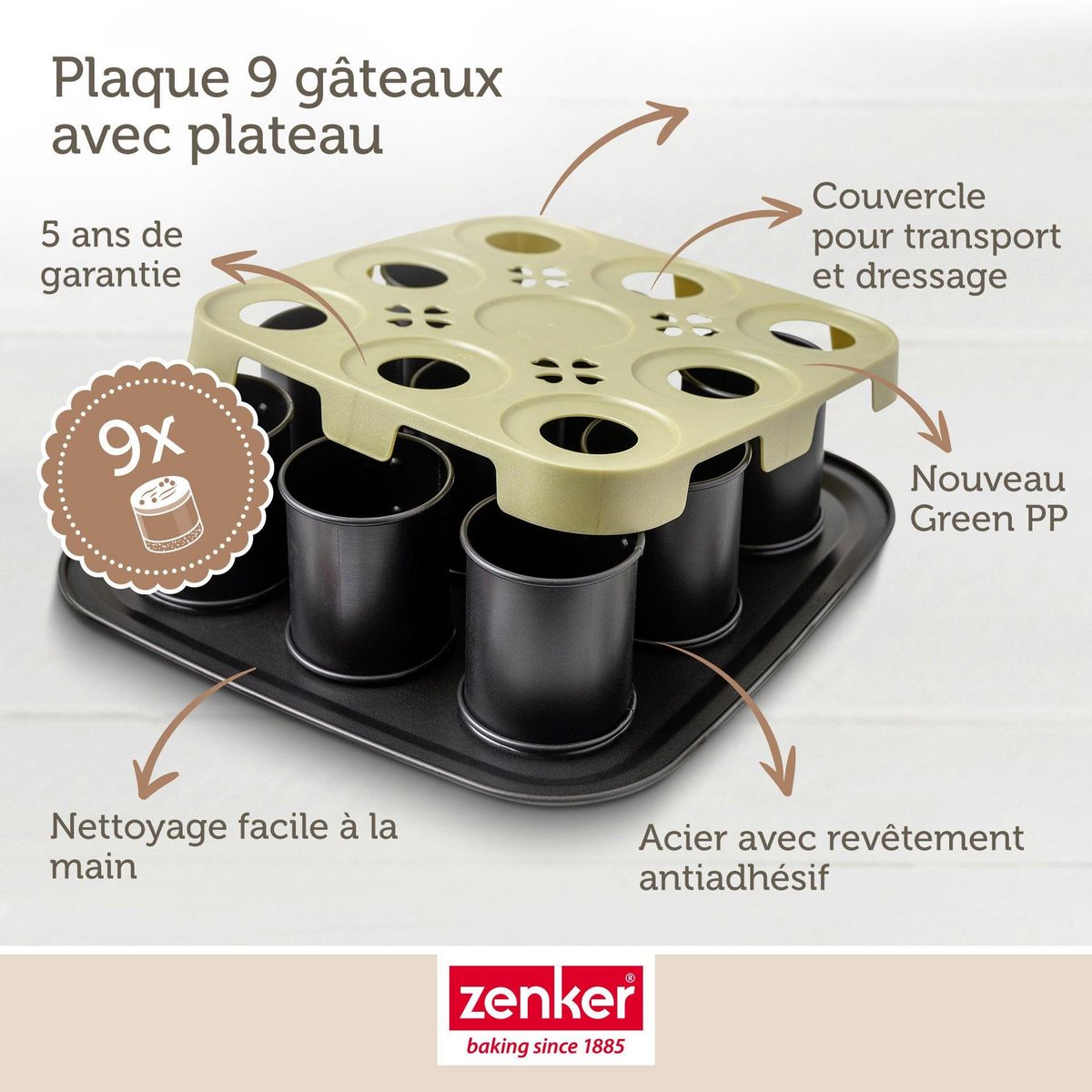 ZENKER Moule à gâteaux individuels 9 empreintes avec couvercle 29 x 29 cm Zenker Bake Click and Go