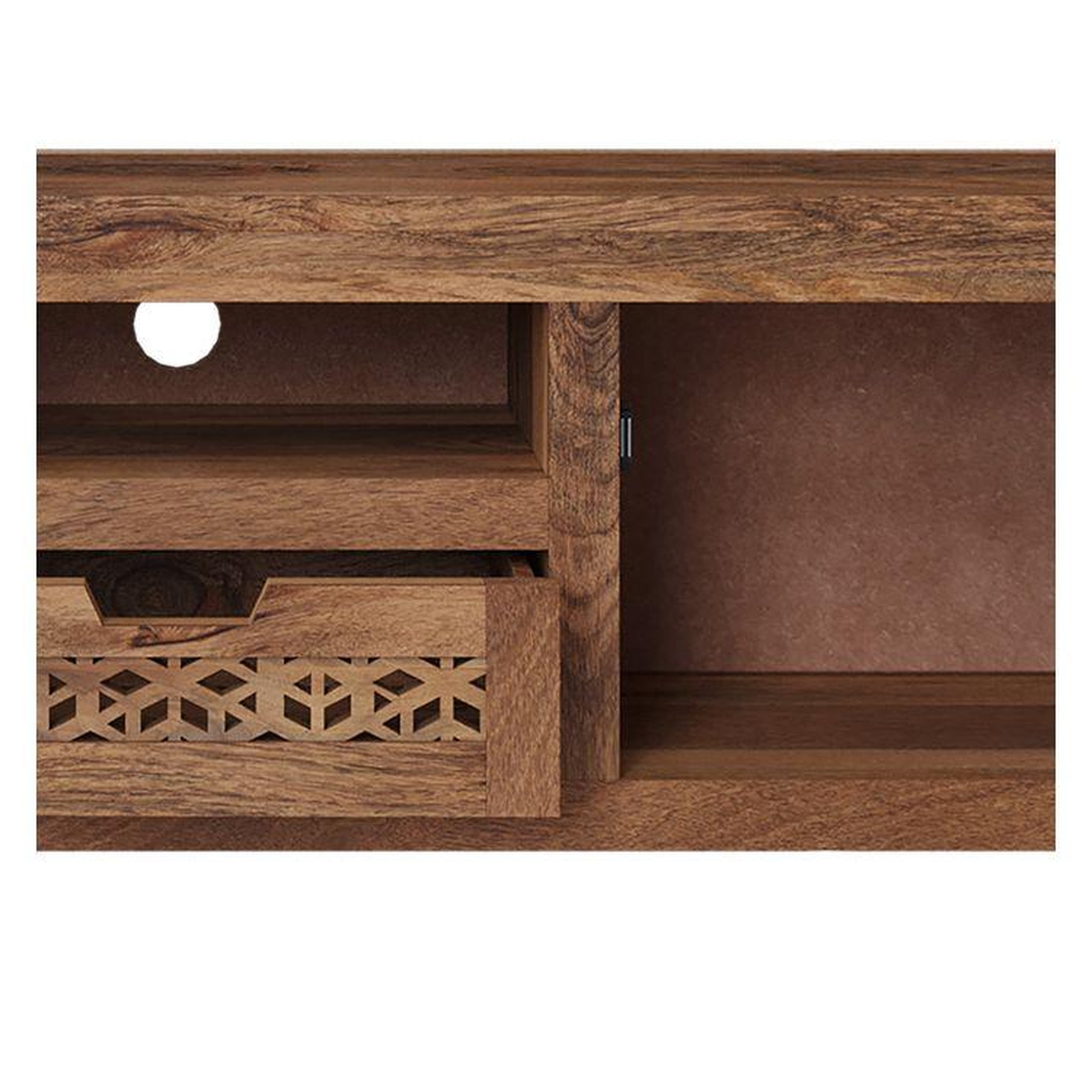 Voir la diapositive 2 : MAISON PAVANE Meuble tv ajouré en bois de manguier 150 cm-jaya