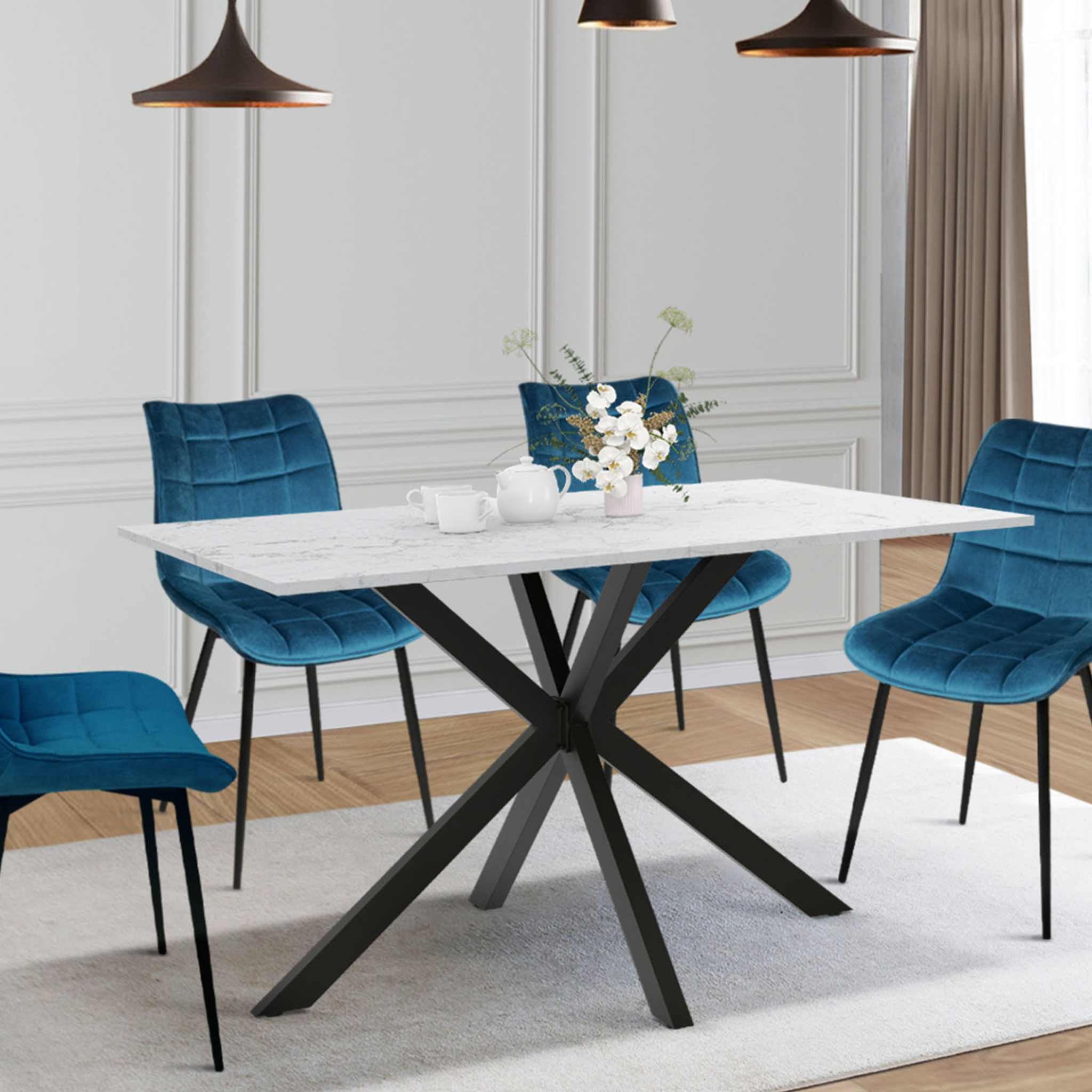 Voir la diapositive 2 : ID MARKET Table à manger rectangle alix 6 personnes pied araignée noir et plateau effet marbre blanc alaska 110 cm