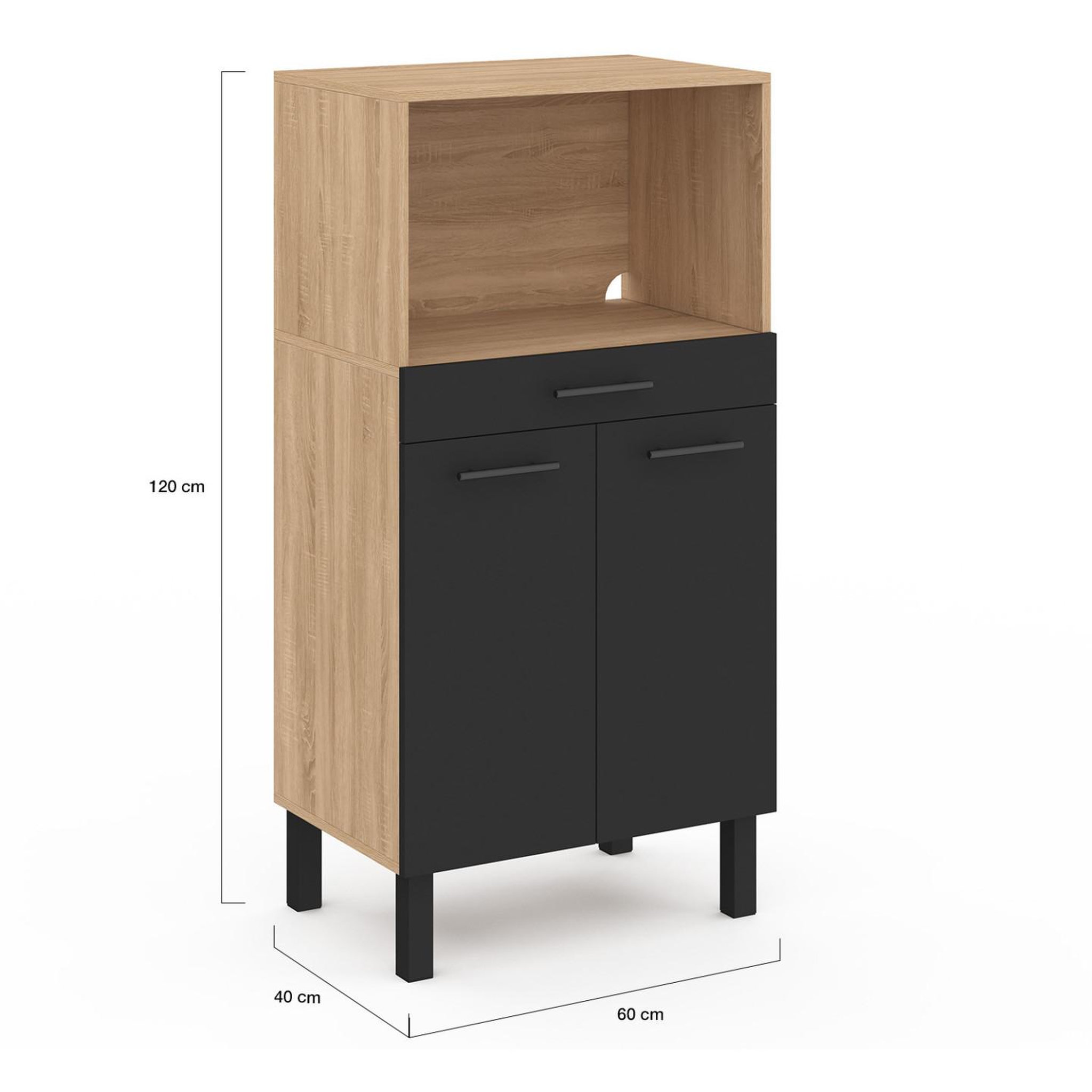 Voir la diapositive 5 : ID MARKET Buffet mi-haut de cuisine pour micro-onde 60 cm cina 1 tiroir 2 portes façon hêtre et noir