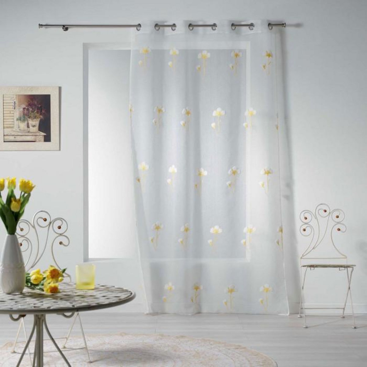 Paris Prix Rideau Voilage à Œillets  Cotton Flower  140x240cm Jaune