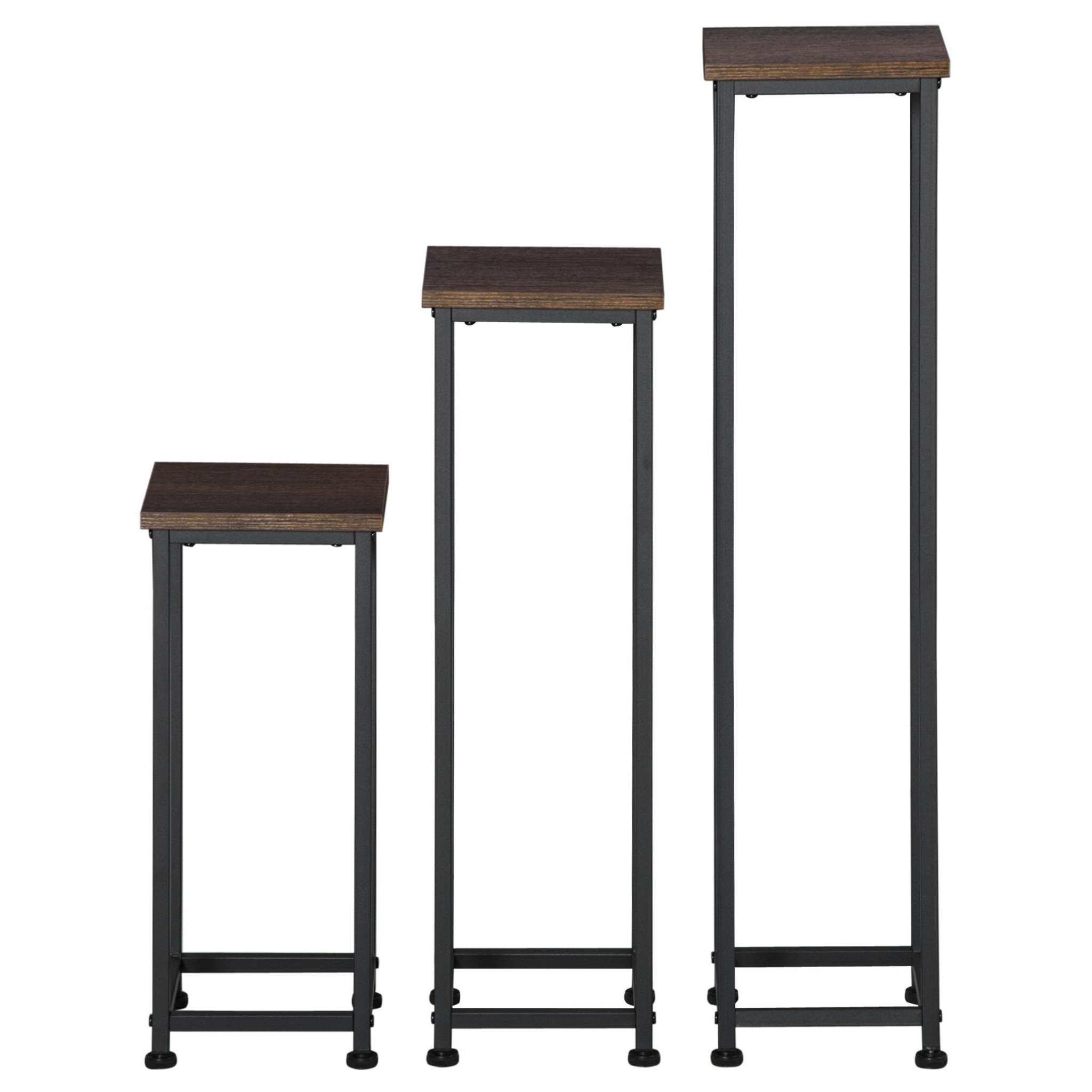Voir la diapositive 4 : OUTSUNNY Support pots de fleurs 3 pièces - lot de 3 étagères à fleurs - portes plantes - acier époxy noir plateaux aspect bois de noyer