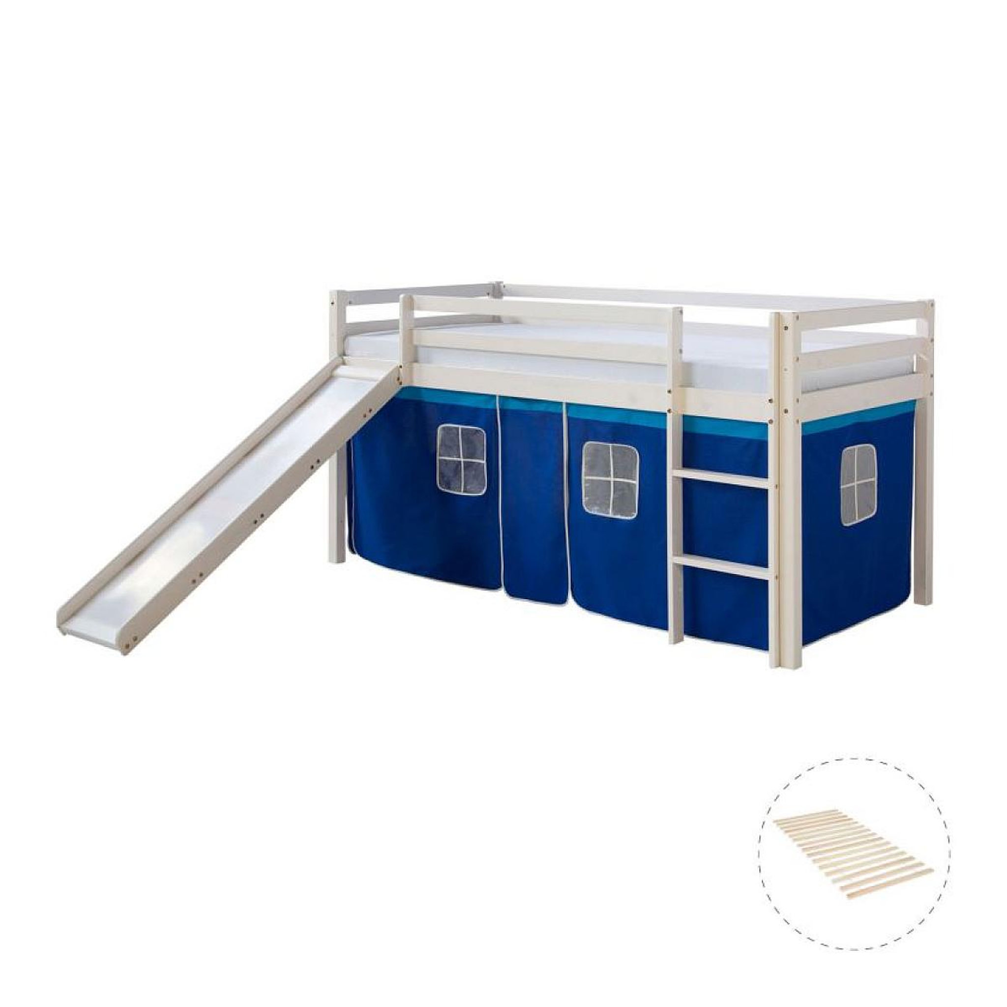 Voir la diapositive 2 : HomeStyle4U Lit mi-hauteur avec rideaux et toboggan bleu