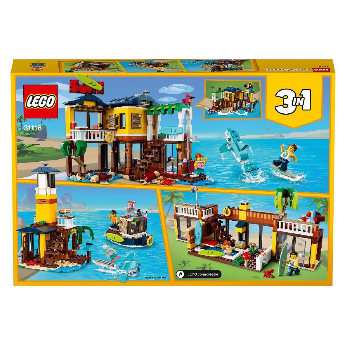 LEGO Creator 3-en-1 31118 La Maison sur la Plage du Surfeur, Jouet, Figurines Animaux Marins