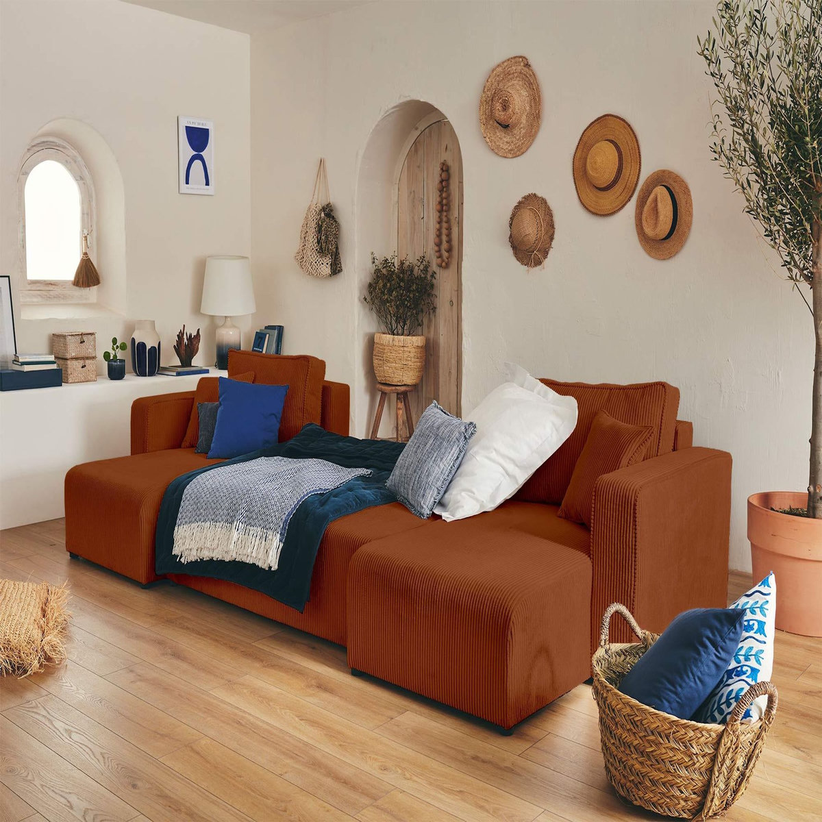 BEST MOBILIER Topaze - canapé panoramique en u - 7 places - convertible avec coffre - en velours côtelé