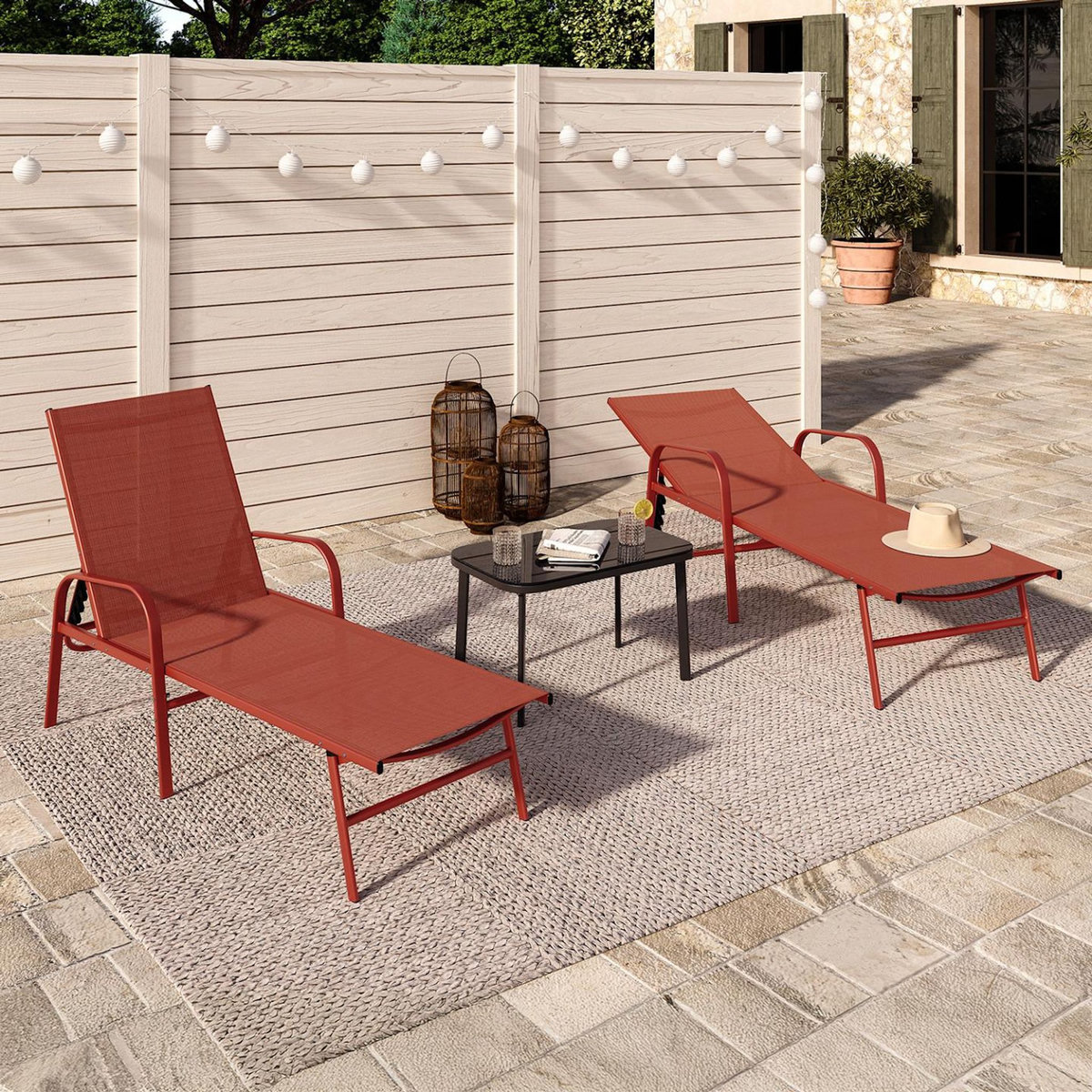 ID MARKET Lot de 2 transats de jardin inclinables FIDJI en acier et toile terracotta