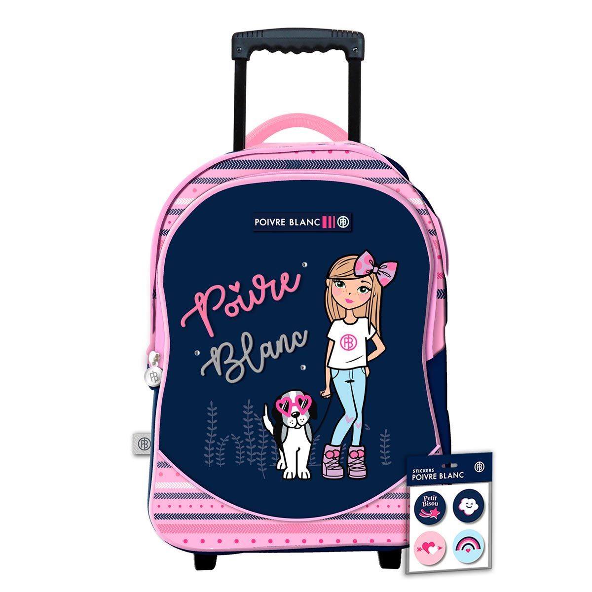  Sac à dos à roulettes 1 compartiment + poche avant fille Poivre Blanc bleu marine et rose