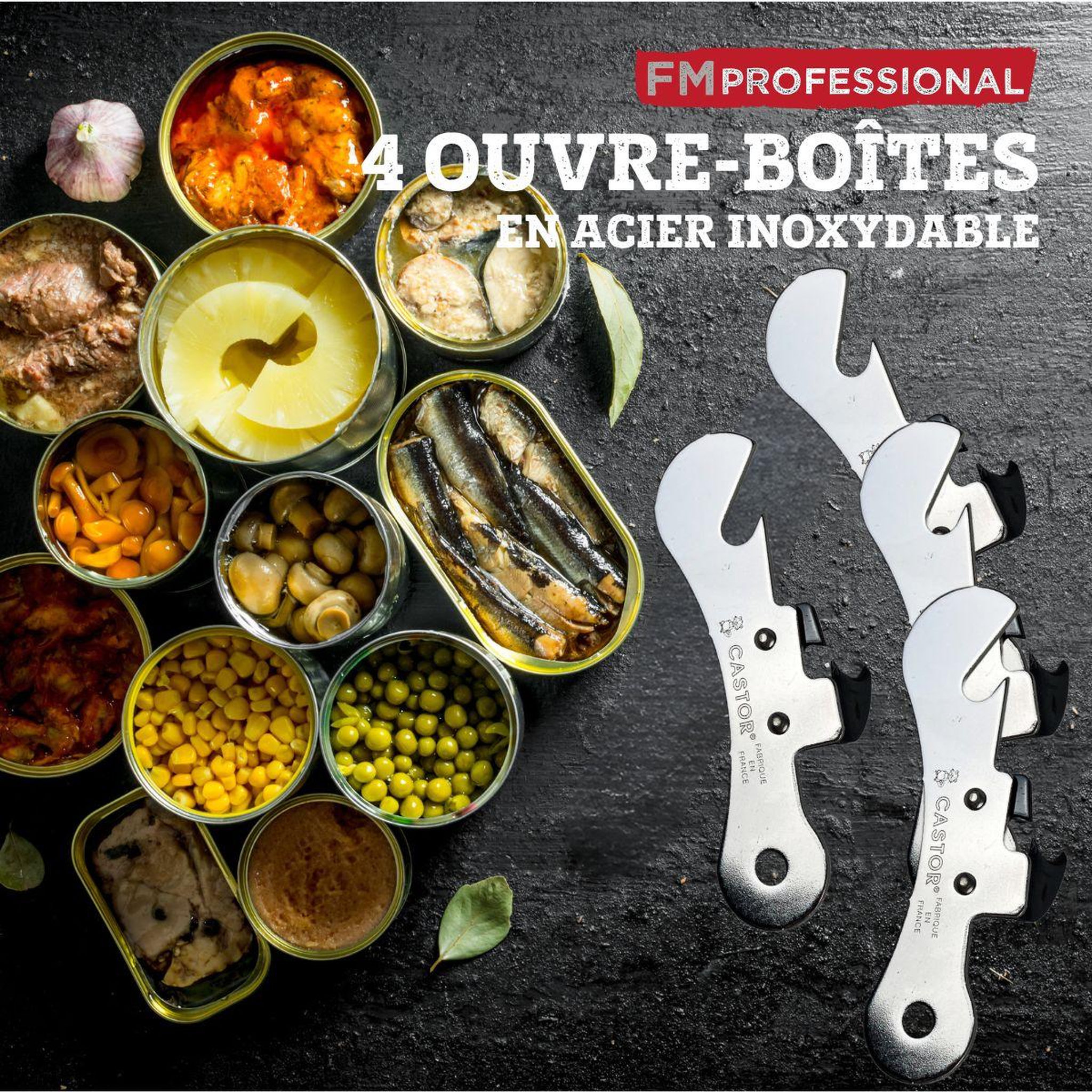 Voir la diapositive 2 : FM PROFESSIONAL Lot de 4 ouvre-boites FM Professional